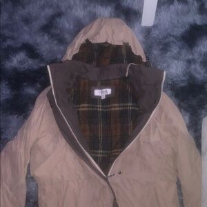 Liz Claiborne Tan Hooded Jacket with Plaid Lining